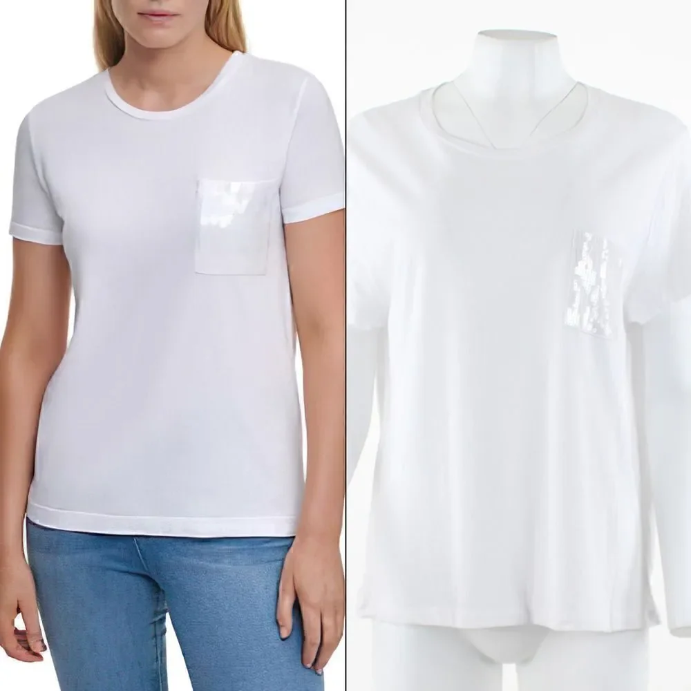DKNY Short Sleeve Sequin Pocket T-Shirt in White